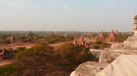 Bagan Pagodas daytime panoramic dolly shot observation Stock Footage 61347799