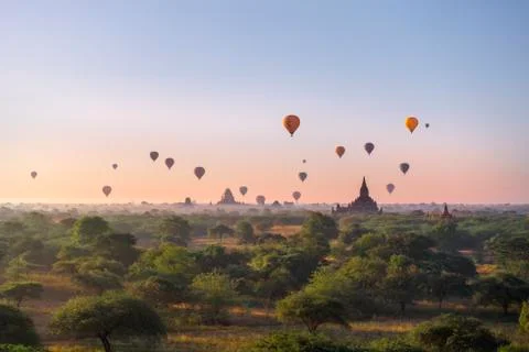 Bagan - Valley  the temples and Ballons Stock Photos