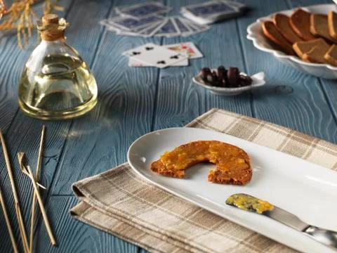 Bagel Chips and Jam Spread on Blue Picnic Table Stock Photos