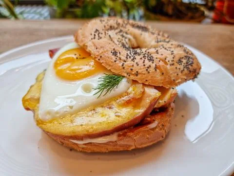 Bagel with ham and egg Stock Photos