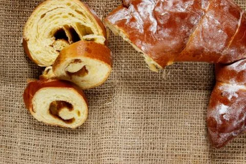 Bagel with jam cut in sackcloth. Stock Photos