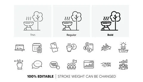 Baggage calendar, Growth chart and Touchscreen gesture line icons. For web app Stock Illustration