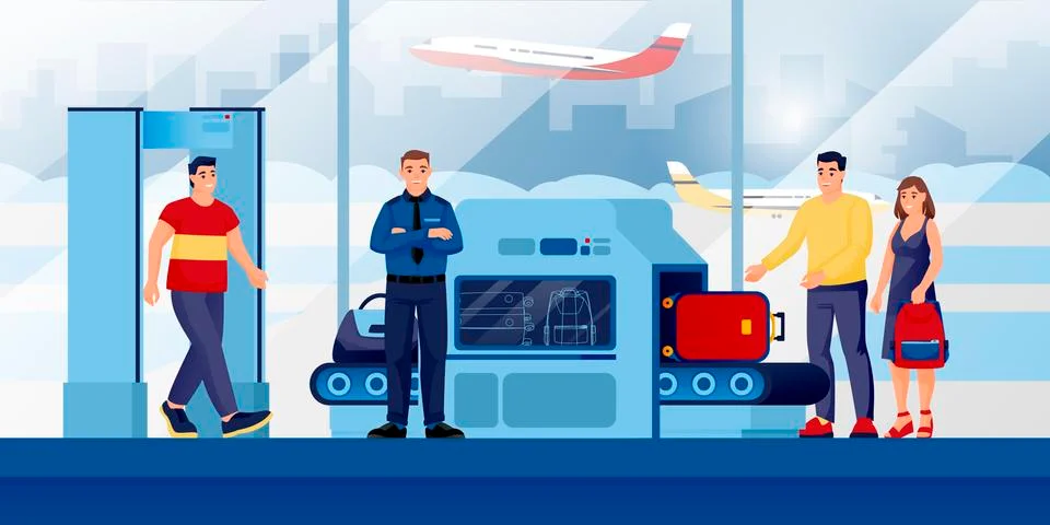 Baggage check-in security control point at airport terminal. Vector illustrat Stock Illustration