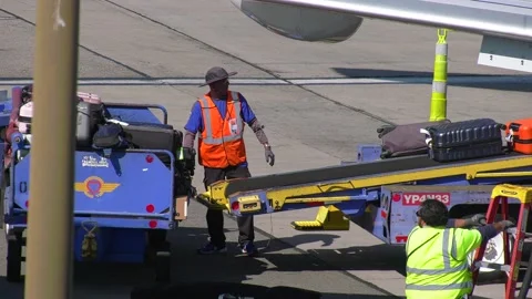 Baggage handler emptying a plane of luggage, at a airport in Los Angeles, Video stock 180455324