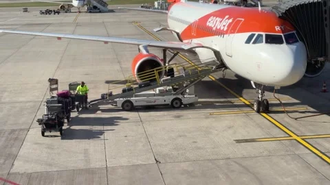 Baggage handlers loading a jet airplane at Geneva airport Video stock 288039472