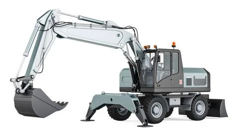 Bagger aus der Nähe, 3D-Rendering Excavator closeup, 3D rendering isolated.. 库存照片