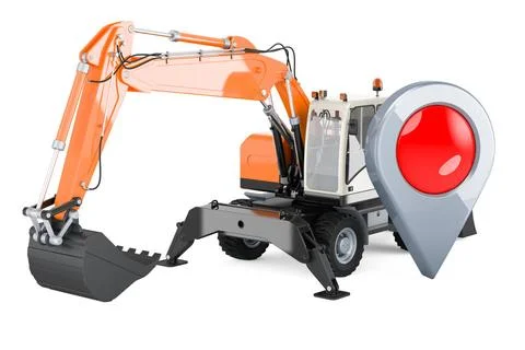 Bagger mit Kartenzeiger, 3D-Rendering Excavator with map pointer, 3D rende... Stock Photos