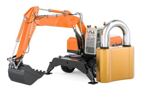 Bagger mit Vorhängeschloss, 3D-Rendering Excavator with padlock, 3D render.. 스톡 사진