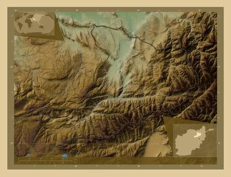 Baghlan, Afghanistan. Colored elevation map with lakes and rivers Illustrazione stock