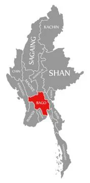 Bago red highlighted in map of Myanmar Stock Illustration