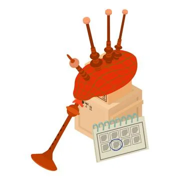 Bagpipe icon isometric vector. Musical wind reed instrument on closed parcel box Illustrazione stock