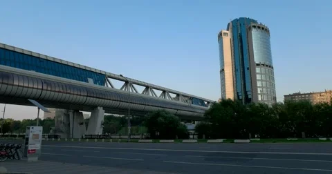 Bagration bridge to the tower of a skyscraper, roadway, Moscow Stock Footage 66208241