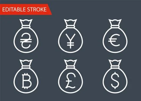 Bags with Money Thin Line Vector Icons Set Stock Illustration