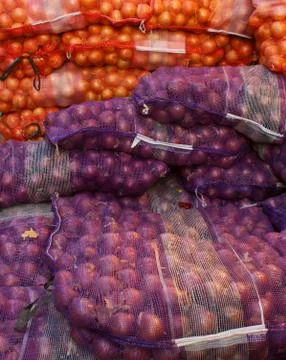 Bags of onions Stock Photos