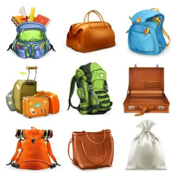 Bags set. Backpack, schoolbag, suitcase, sack, 3d vector icon Stock Illustration