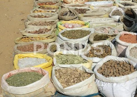 Bags with spices on indian market Stock Photos