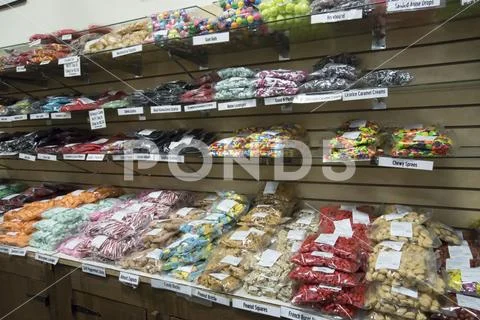 Bags of vintage candy on display Stock Photos