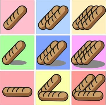 Baguette bread one two three set with shadows and different position Stock Illustration