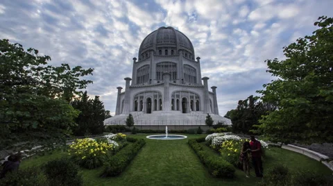 Baha'i Temple at Sunset with Clouds and Fountain Stock Footage 68687825