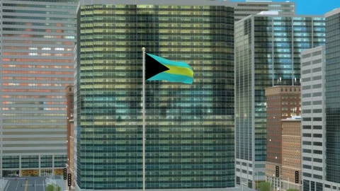 Bahamas Flag 3D Render Animation on Pole with Modern Business District Build Video stock 332883638