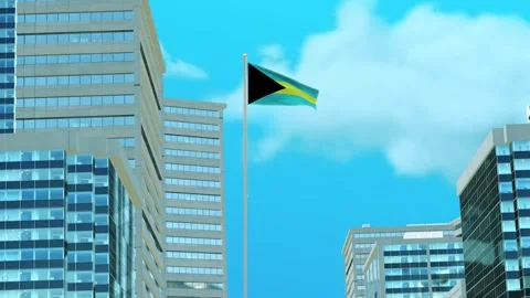 Bahamas Flag 3D Render Animation with Urban Architecture and Clear Blue Sky Video stock 333053035