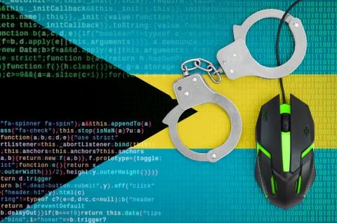 Bahamas flag  and handcuffed computer mouse. Combating computer crime, hacker Stock-Fotos