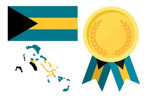 Bahamas flag with map and gold medal in set for web and banners or app and .. Stock Illustration