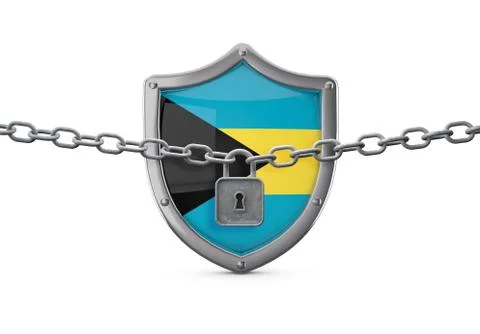 Bahamas lockdown concept. Shield with lock and chain. 3D Render Stock Illustration