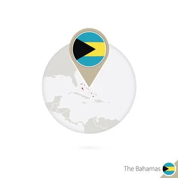 The Bahamas map and flag in circle. Map of Bahamas, Bahamas flag pin. Map o.. Stock Illustration