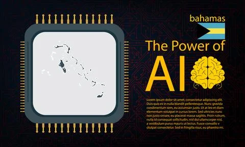 Bahamas map with microchip war and AI concept on circuit board, Power of AI.. Ilustração Stock