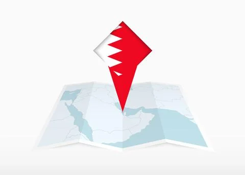 Bahrain is depicted on a folded paper map and pinned location marker with f.. Stock Illustration