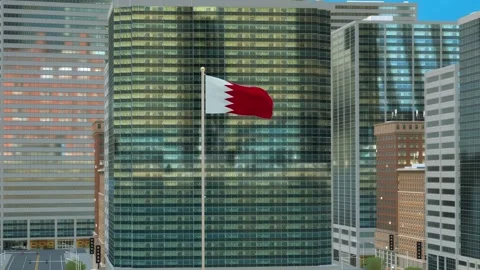Bahrain Flag 3D Render Animation on Pole with Modern Business District Build Video stock 332883575