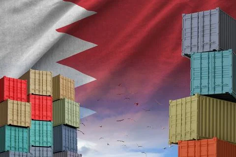 Bahrain flag and big stack of shipping cargo containers in docks with sky Stock Illustration