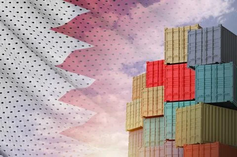 Bahrain flag and big stack of shipping cargo containers in docks with sky Stock Photos