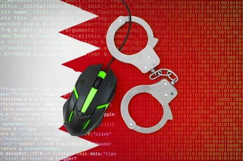 Bahrain flag  and handcuffed computer mouse. Combating computer crime, hacker Stock-Fotos