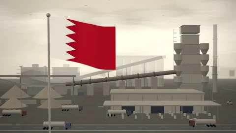Bahrain Flag Flying Over Cement Works Rotary Kiln seamless loop Stock Footage 345380715