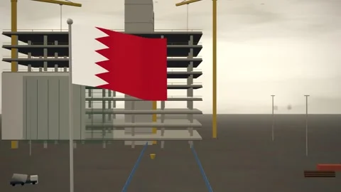 Bahrain Flag Flying Over Construction Site Tower Cranes seamless loop Video stock 345378126