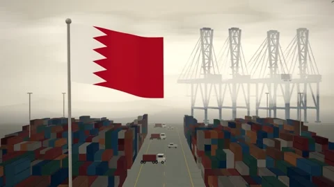 Bahrain Flag Flying Over A Container Port Terminal In Morning Haze 스톡 동영상 344472312