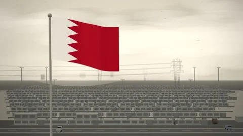 Bahrain Flag Flying Over Grid Battery Storage Farm seamless loop Stock Footage 345380916
