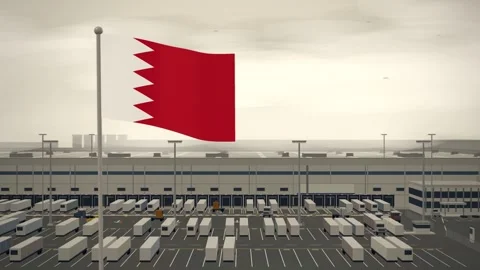 Bahrain Flag Flying Over Logistics Warehouse Distribution Centre seamless loop Stock Footage 345378019