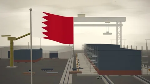 Bahrain Flag Flying Over Shipyard Building Berth Gantry seamless loop Vídeos de archivo 345380814