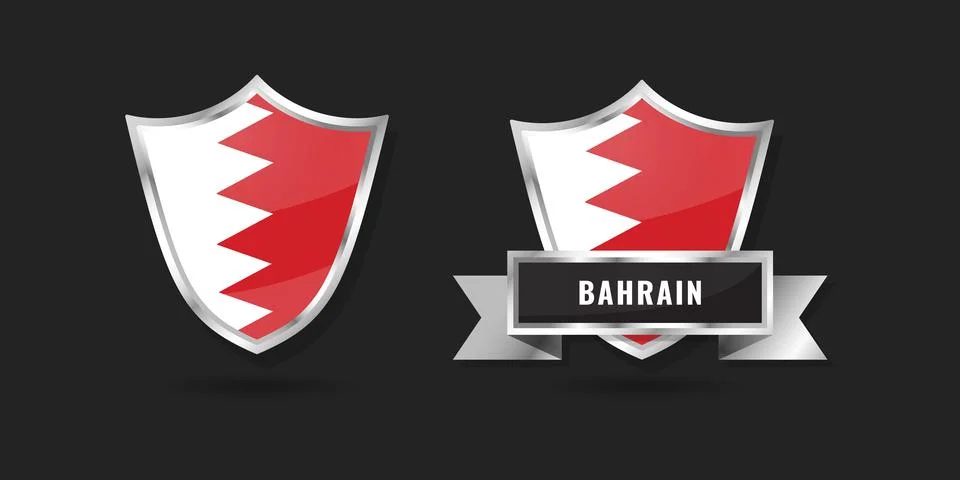 Bahrain Flag Shield Emblem Set, Kingdom of Bahrain Glossy Silver Badges wit.. Stock Illustration
