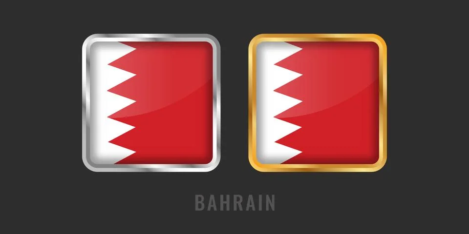 Bahrain Flag Square 3D Button Set in Gold and Silver Metallic Frames Illustrazione stock