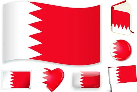 Bahrain flag wave, book, circle, pin, button, heart and sticker. Stock Illustration