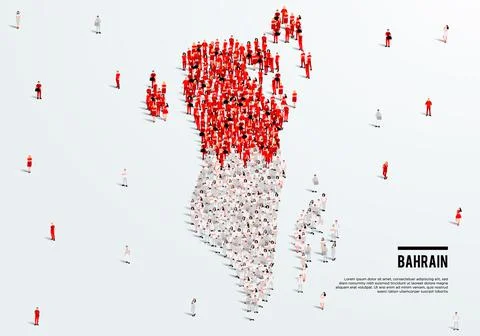 Bahrain Map and Flag. A large group of people in the Bahrain flag color. Stock Illustration