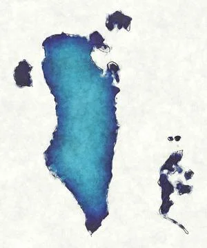 Bahrain map with drawn lines and blue watercolor illustration Stock Illustration