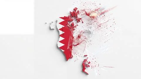 Bahrain map fading into digital particles showing flag design over a clean .. Ilustração Stock