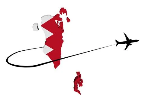 Bahrain map flag with plane silhouette and swoosh 3d illustration Illustrazione stock