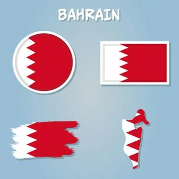 Bahrain map including map with reflection, map in flag colors, glossy and n.. Stock Illustration
