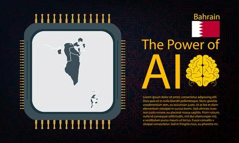 Bahrain map with microchip war and AI concept on circuit board, Power of AI.. Stock Illustration